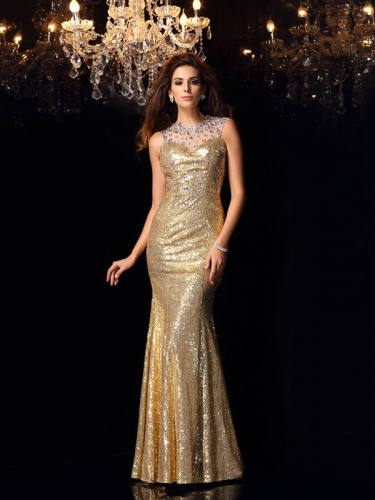 Trumpet/Mermaid High Neck Sleeveless Long Sequins Dresses