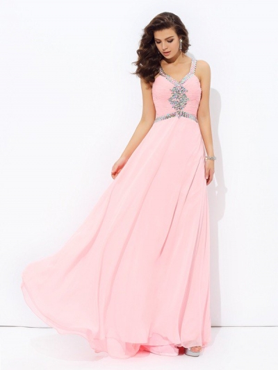 A-line/Princess Straps Beading Sleeveless Long Chiffon Dresses [60123]