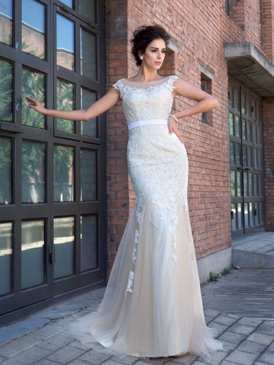 Trumpet/Mermaid Sheer Neck Applique Short Sleeves Long Net Dresses [60145]