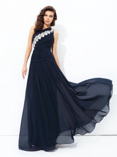 A-line/Princess One-Shoulder Applique Sleeveless Long Chiffon Dresses