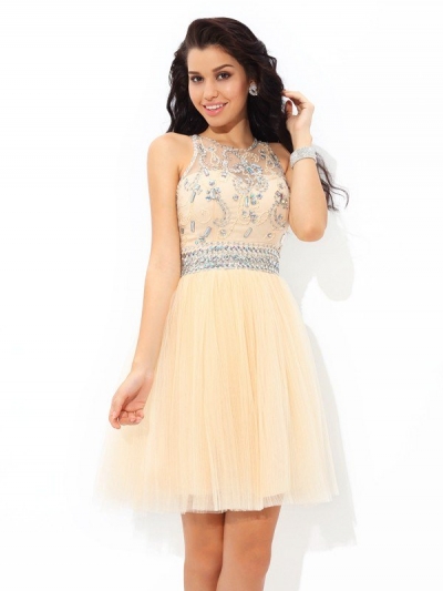 A-Line/Princess Sheer Neck Beading Sleeveless Short Net Cocktail Dresses [60696]