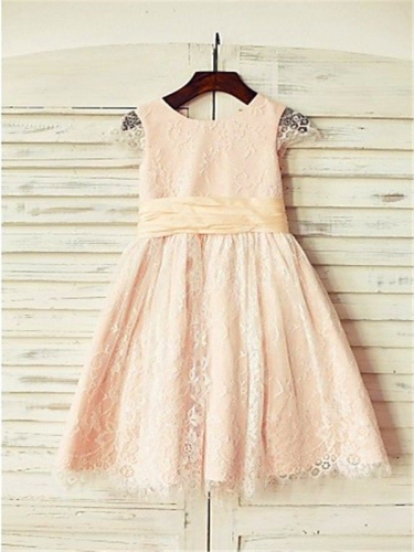 A-line/Princess Scoop Short Sleeves Sash/Ribbon/Belt Floor-Length Lace Flower Girl Dresses