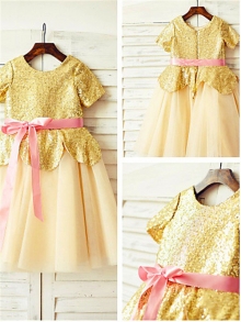 A-line/Princess Scoop Short Sleeves Sequin Floor-Length Tulle Flower Girl Dresses