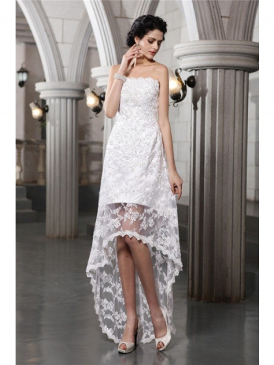 Sheath/Column Strapless Sleeveless Beading High Low Lace Wedding Dresses [N13ZYDRESS246]