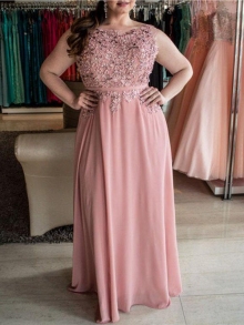 A-Line/Princess Bateau Sleeveless Beading Floor-Length Chiffon Plus Size Dresses