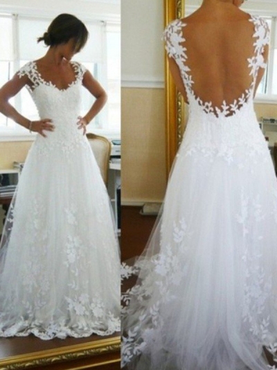 A-Line/Princess V-neck Sweep/Brush Train Lace Sleeveless Tulle Wedding Dresses