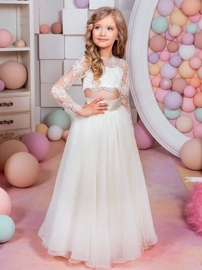 A-Line/Princess Long Sleeves Jewel Lace Chiffon Floor-Length Flower Girl Dresses [PO16033PO809]