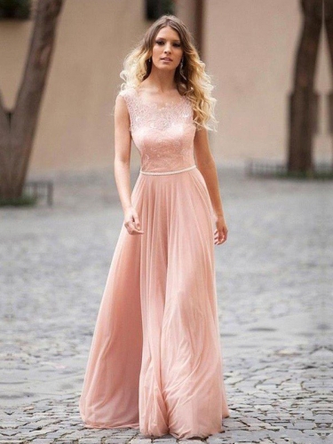 A-Line/Princess Scoop Sleeveless Applique Floor-Length Chiffon Dresses