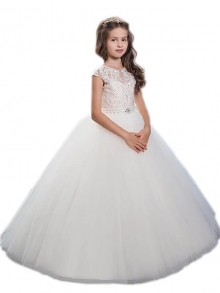 Ball Gown Scoop Sleeveless Beading Floor-Length Tulle Flower Girl Dresses