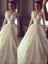 Ball Gown Long Sleeves Scoop Court Train Lace Wedding Dresses...