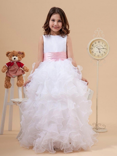 A-line/Princess Scoop Bowknot Sleeveless Long Organza Flower Girl Dresses