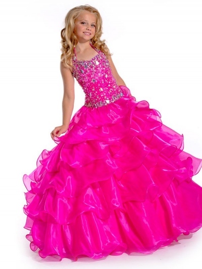 Ball Gown Halter Sleeveless Rhinestone Long Organza Flower Girl Dresses [POWDN14077BN283]