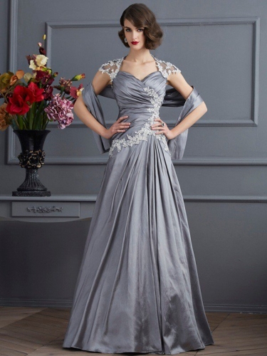 A-Line/Princess Sweetheart Short Sleeves Beading Long Taffeta Dresses