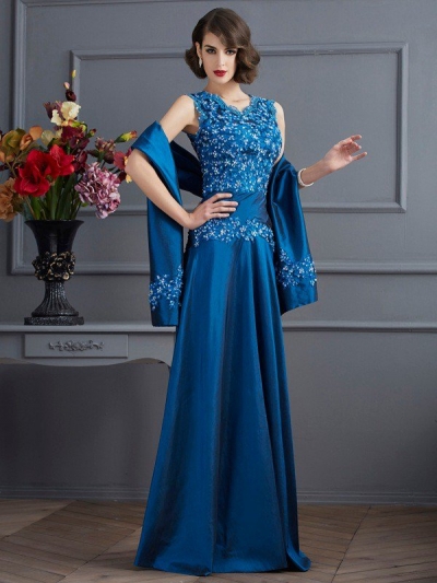 A-Line/Princess V-neck Sleeveless Beading Long Taffeta Mother of the Bride Dresses [40367]