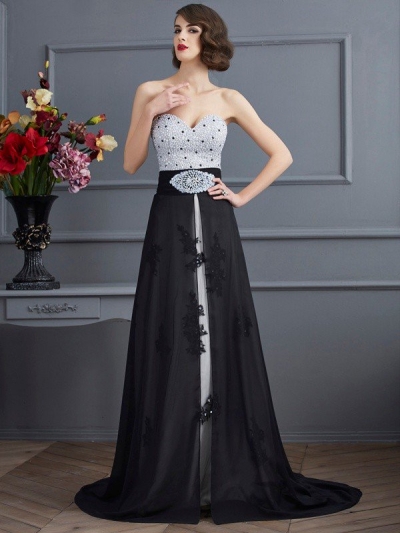 A-Line/Princess Sweetheart Sleeveless Beading Long Chiffon Dresses [40411]