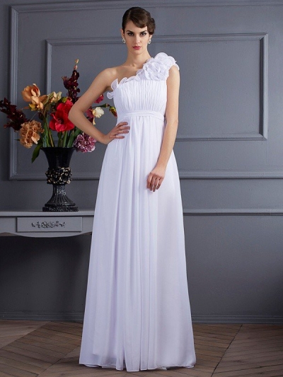 A-Line/Princess One-Shoulder Sleeveless Pleats Applique Long Chiffon Dresses [40468]