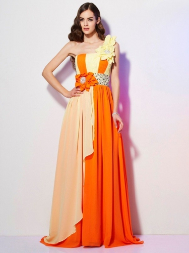 A-Line/Princess One-Shoulder Sleeveless Beading Long Chiffon Dresses