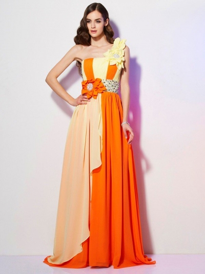 A-Line/Princess One-Shoulder Sleeveless Beading Long Chiffon Dresses [40632]