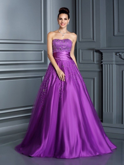 Ball Gown Sweetheart Beading Sleeveless Long Satin Quinceanera Dresses [50061]