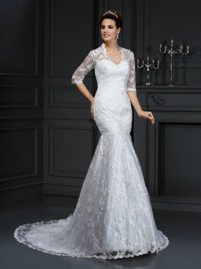 Trumpet/Mermaid V-neck Lace 1/2 Sleeves Long Lace Wedding Dresses [50082]