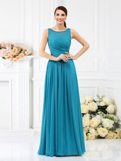 A-Line/Princess Bateau Pleats Sleeveless Long Chiffon Bridesmaid Dresses [50381]