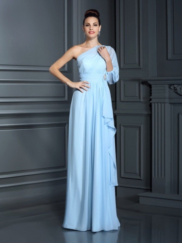 Sheath/Column One-Shoulder 3/4 Sleeves Long Chiffon Bridesmaid Dresses