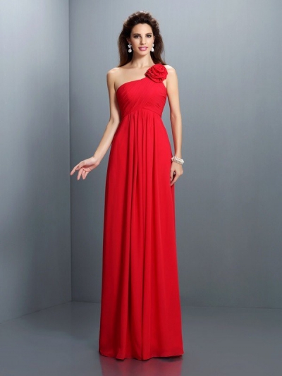 A-Line/Princess One-Shoulder Hand-Made Flower Pleats Sleeveless Long Chiffon Bridesmaid Dresses [50516]