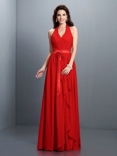 A-Line/Princess Halter Pleats Sleeveless Long Chiffon Bridesmaid Dresses