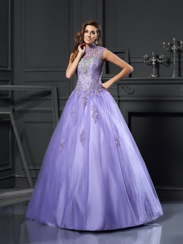 Ball Gown High Neck Beading Sleeveless Long Net Quinceanera Dresses