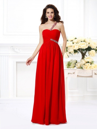 A-Line/Princess One-Shoulder Beading Sleeveless Long Chiffon Dresses [50798]