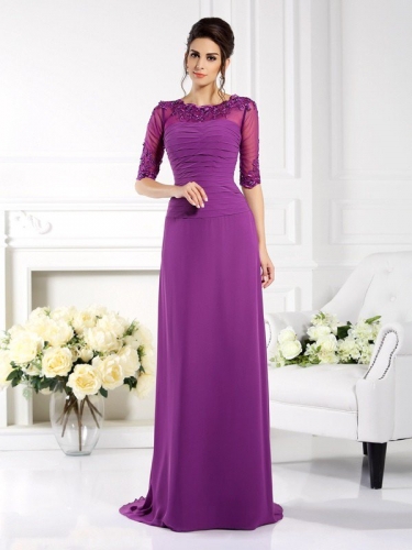 Sheath/Column Scoop Applique 1/2 Sleeves Long Chiffon Mother of the Bride Dresses