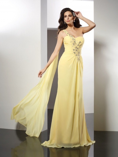 A-Line/Princess One-Shoulder Beading Sleeveless Long Chiffon Dresses [50917]