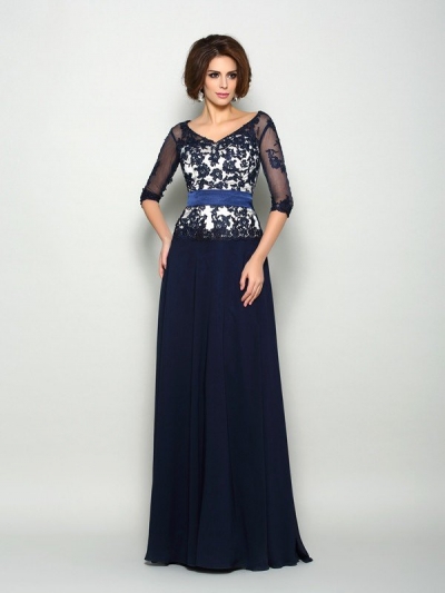 A-Line/Princess V-neck Beading 1/2 Sleeves Long Chiffon Mother of the Bride Dresses [50974]