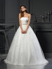 Ball Gown Strapless Applique Sleeveless Long Net Wedding Dresses