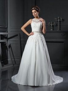 A-Line/Princess High Neck Beading Sleeveless Long Satin Wedding Dresses