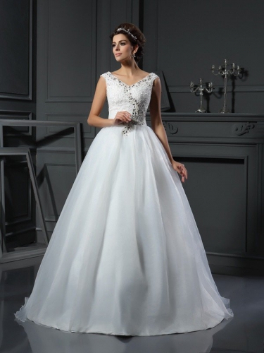 A-Line/Princess V-neck Beading Sleeveless Long Organza Wedding Dresses