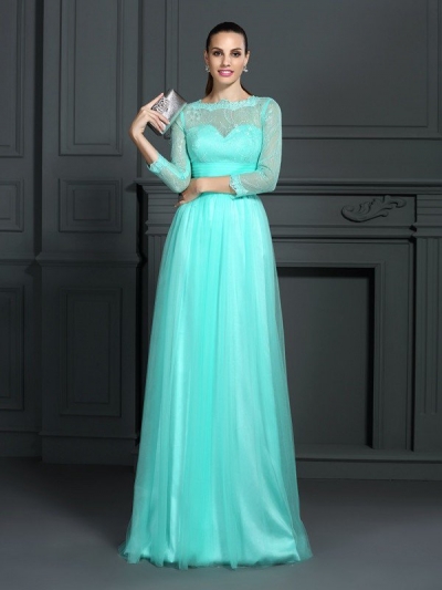 A-Line/Princess Bateau Lace 3/4 Sleeves Long Elastic Woven Satin Dresses