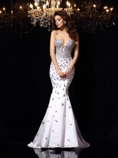 Trumpet/Mermaid Sweetheart Rhinestone Sleeveless Long Satin Dresses [51214]