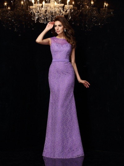 Sheath/Column Scoop Lace Sleeveless Long Satin Dresses [51228]