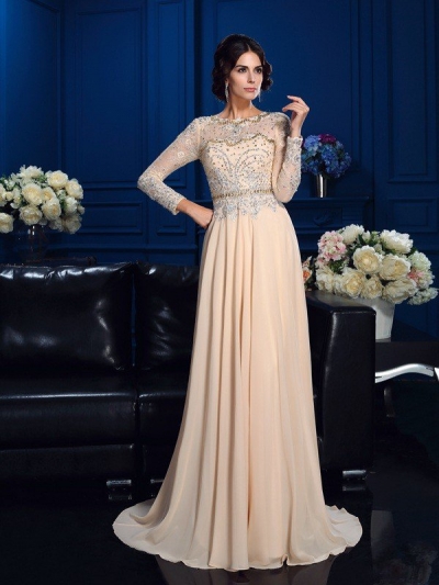 A-Line/Princess Scoop Beading Long Sleeves Long Chiffon Mother of the Bride Dresses [60045]