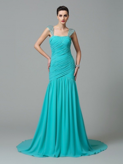 A-Line/Princess Straps Ruched Sleeveless Long Chiffon Dresses [60082]