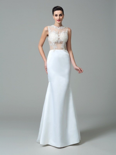 Sheath/Column Jewel Applique Sleeveless Long Satin Dresses