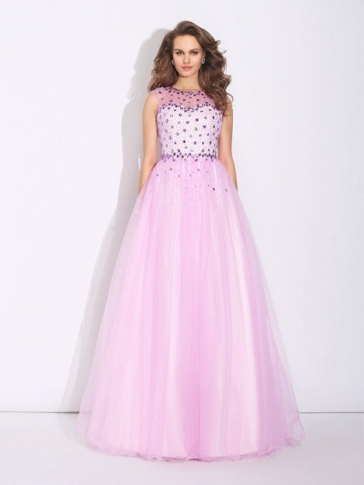 A-Line/Princess Jewel Rhinestone Sleeveless Long Net Dresses [60416]