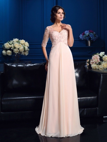 A-Line/Princess V-neck Beading 1/2 Sleeves Long Chiffon Mother of the Bride Dresses