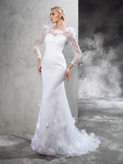 Sheath/Column Sheer Neck Hand-Made Flower Long Sleeves Long Satin Wedding Dresses [60669]