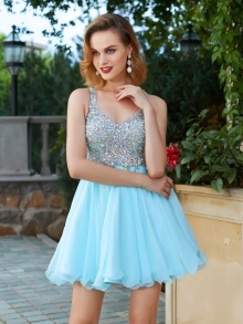 A-Line/Princess Sleeveless Rhinestone Straps Short/Mini Chiffon Dresses