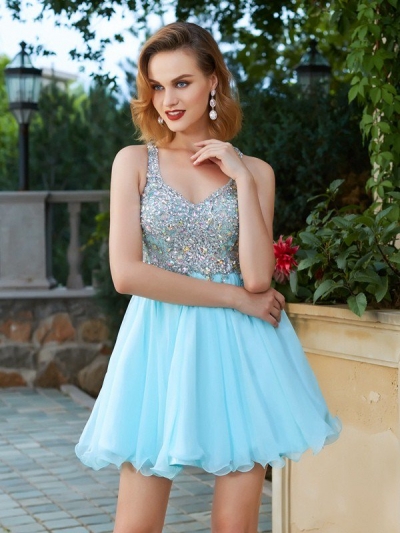 A-Line/Princess Sleeveless Rhinestone Straps Short/Mini Chiffon Dresses [63002]