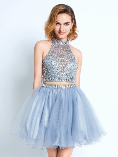 A-Line/Princess High Neck Sleeveless Beading Short/Mini Net Two Piece Dresses [63013]