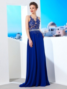 A-Line/Princess Sleeveless Sheer Neck Chiffon Applique Sweep/Brush Train Dresses