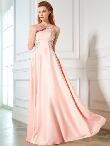 A-Line/Princess Scoop Beading Sleeveless Satin Floor-Length Dresses